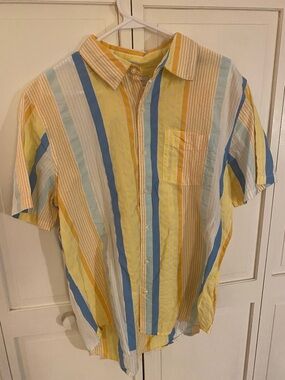 Free Assembly Button Down Short-Sleeved Shirt (Stripes, Yellow/Orange/Blue)